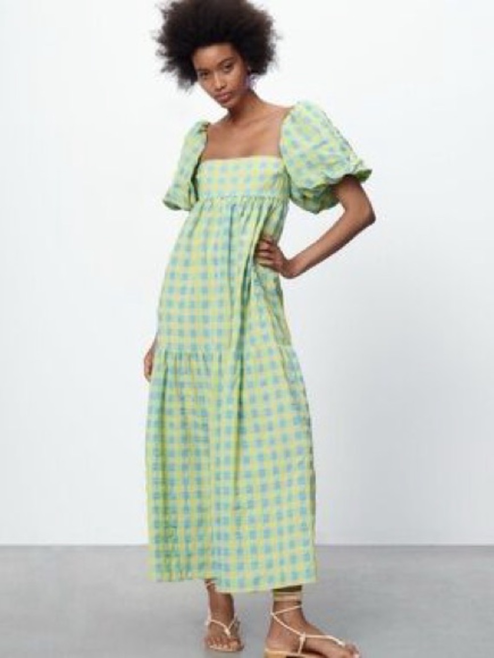 Zara Blue Yellow Gingham Plaid Seersucker Midi Maxi Dress XS - Picture 2 of 16